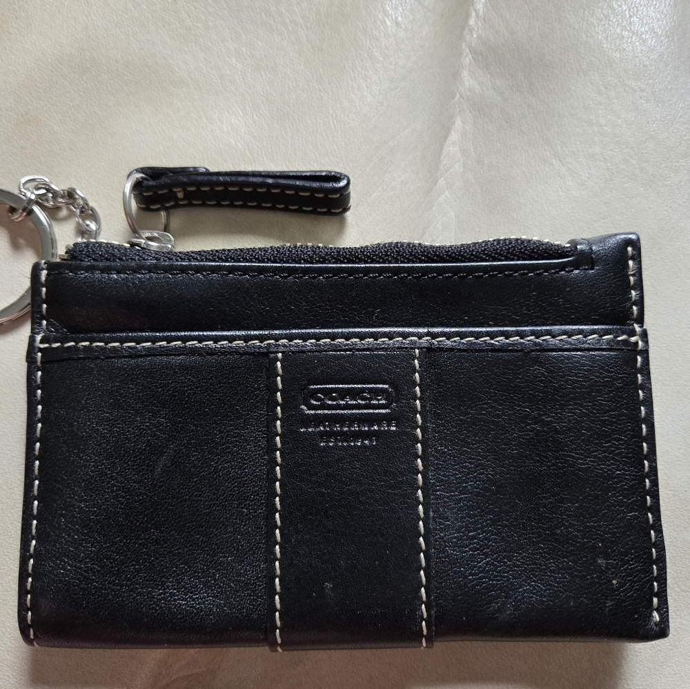 Coach Mini Coin Purse Keychain Key Ring Black Zipper Pouch Case Leather